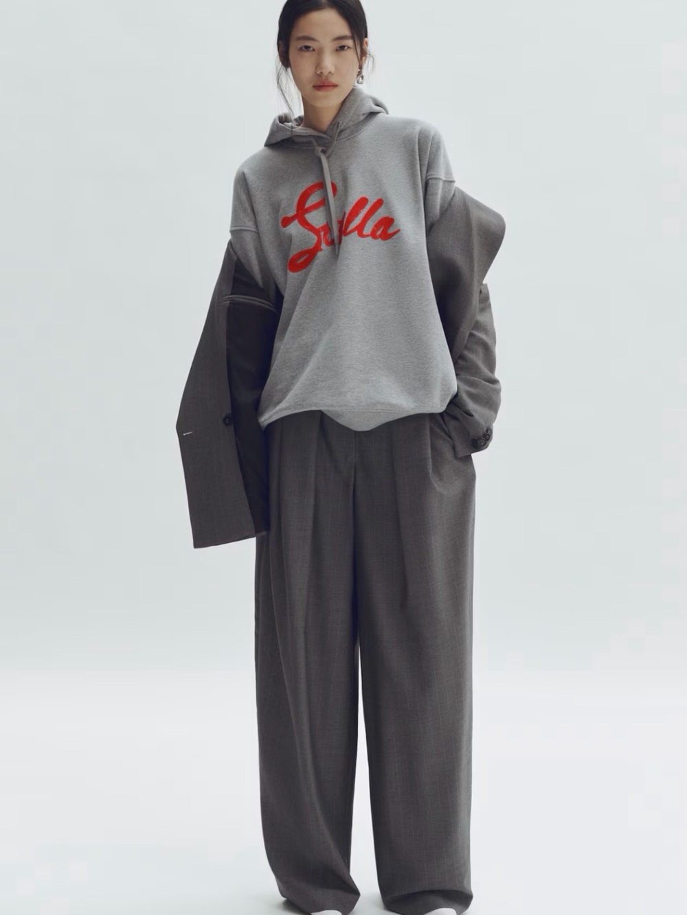 Grey PRINTED COTTON HOODIE with Red Stella Logo